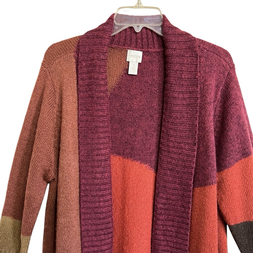 Chico's Patchwork Duster Cardigan Sweater XL Multicolor Abstract Colorblock Cozy - Picture 2 of 12